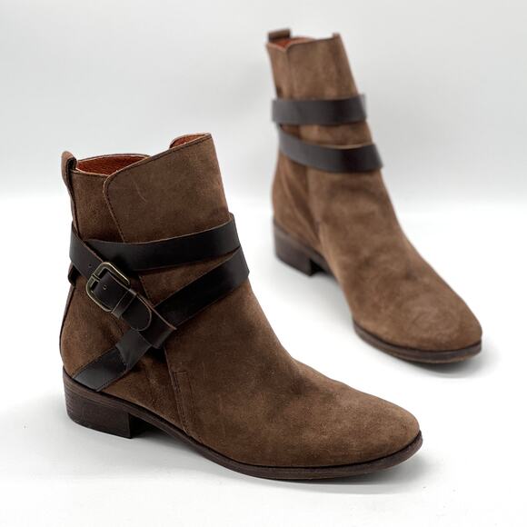 SEE BY CHLOE Suede Ankle Boot Womens 7.5 Brown Leather Buckle Strap Low Heel